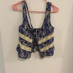 Free People Floral Blue and Cream Crop Top
